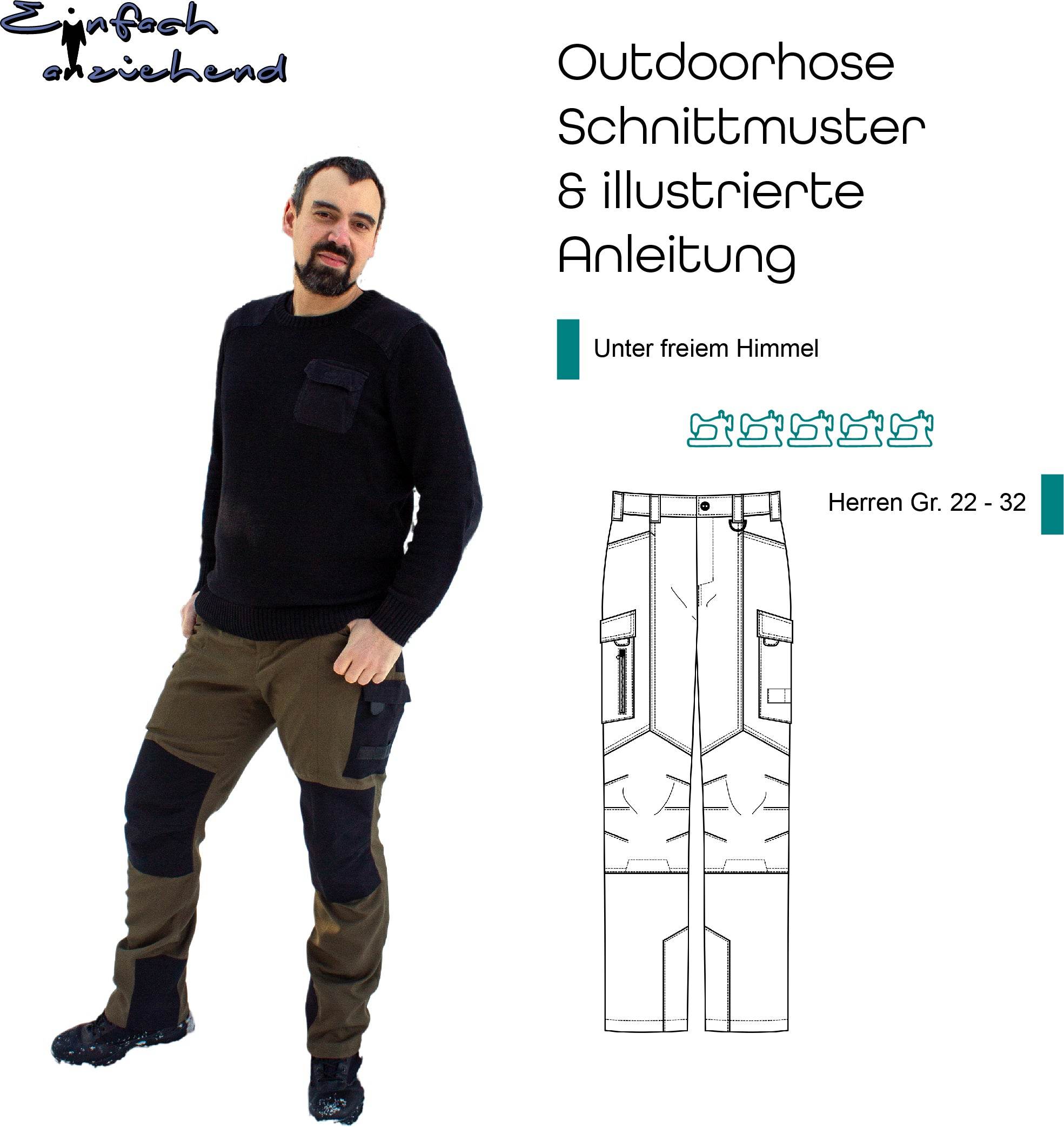 Schnittmuster Outdoorhose „Unter freiem Himmel“ Herren Kurzgrößen Gr. 22 – 32 - Sewando