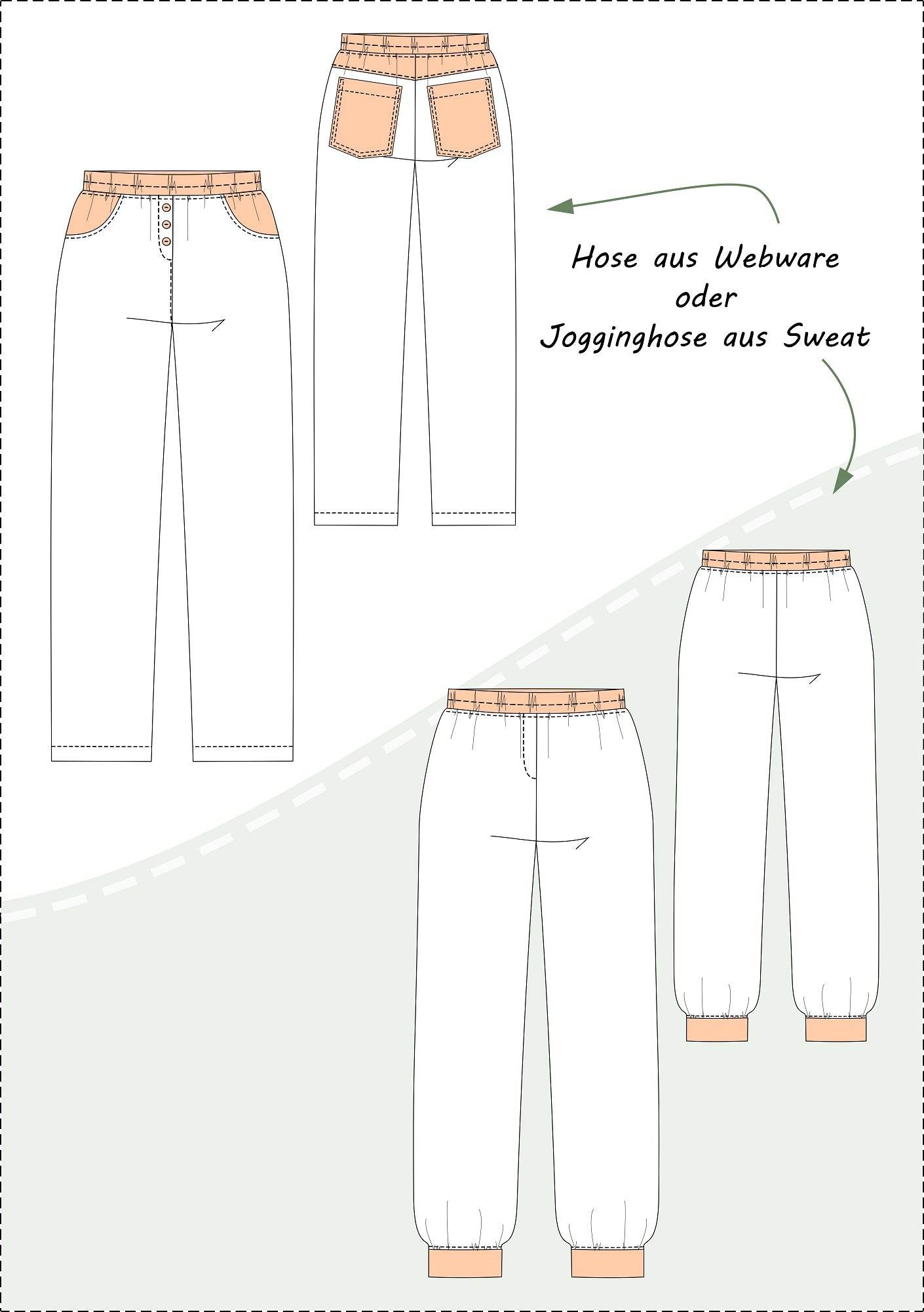 Toni - lange Kinder Hose mit Gummizug aus Sweat oder Webware Gr. 98-164 - Sewando