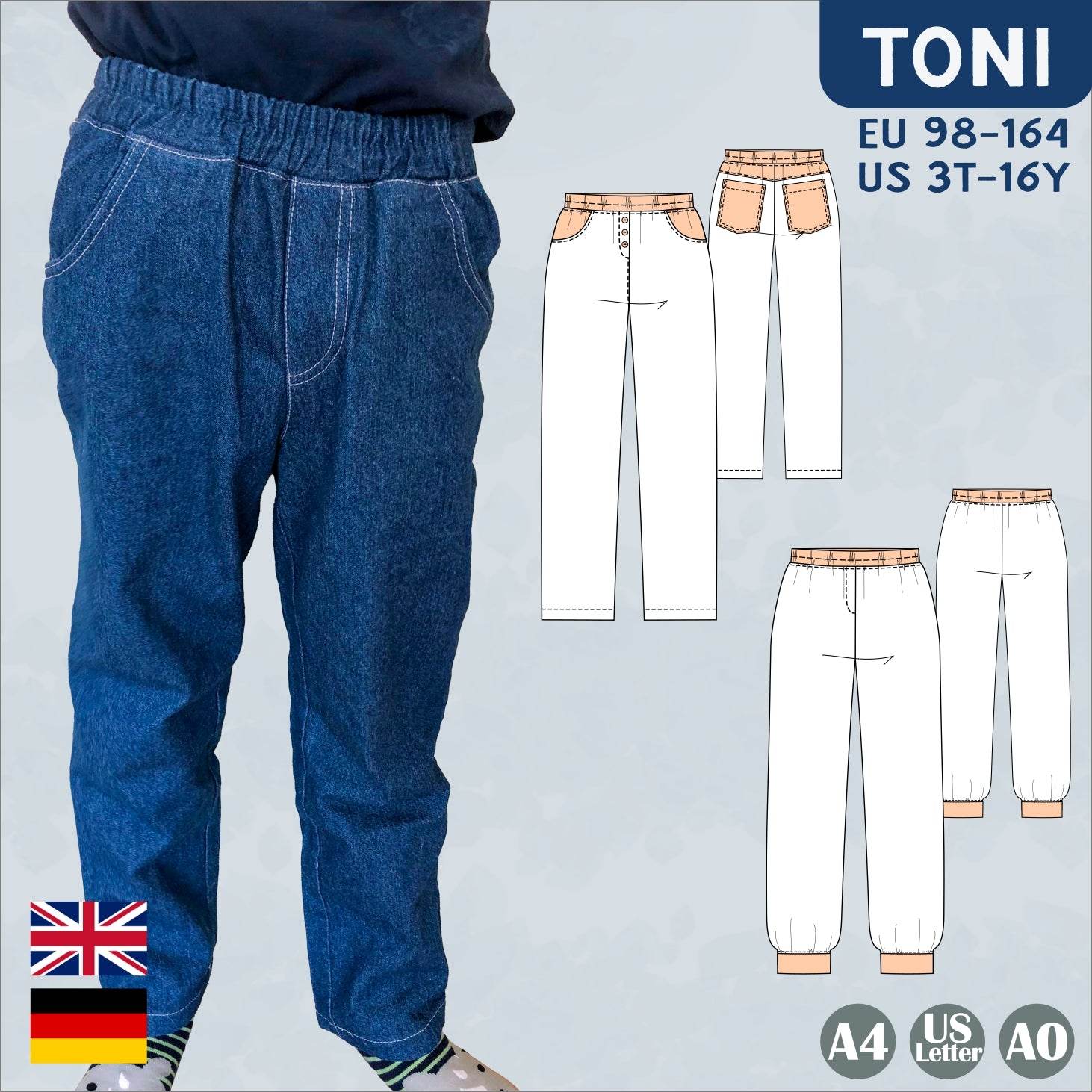 Toni - lange Kinder Hose mit Gummizug aus Sweat oder Webware Gr. 98-164 - Sewando