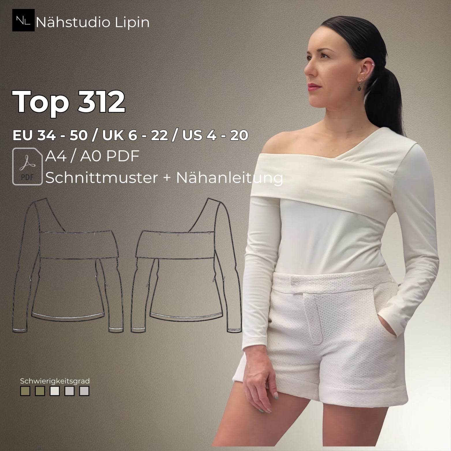 One-shoulder Top, Top mit lange Ärmeln, Shirt , Sweatshirt, Größe 34 - 50 - Sewando