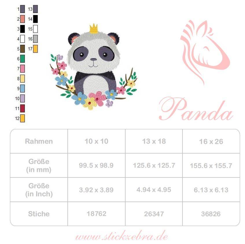 Panda Stickdatei – Niedliches Pandamotiv mit Blumenkranz & Krönchen für süße Projekte - Sewando