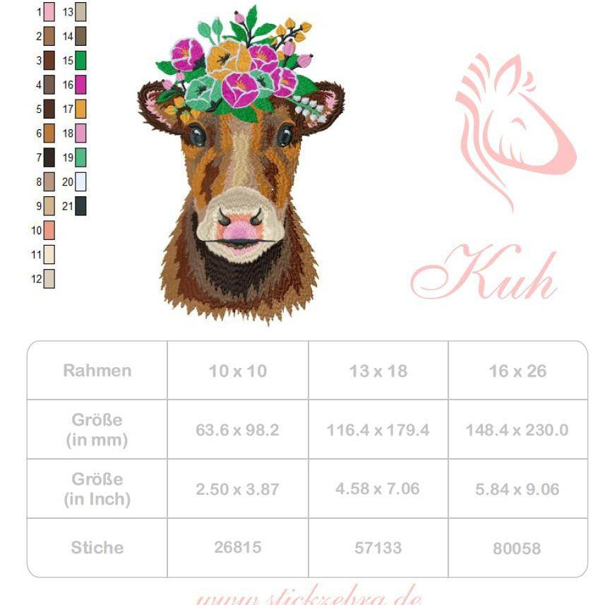 Kuh Stickdatei mit Blumenkrone – ländlich, fröhlich und farbenfroh - Sewando