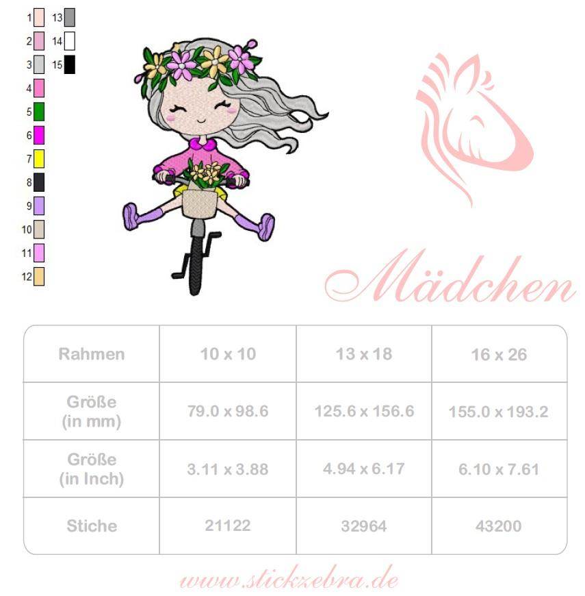 Stickdatei Mädchen auf Fahrrad – fröhlich, verspielt & voller Blütenzauber - Sewando