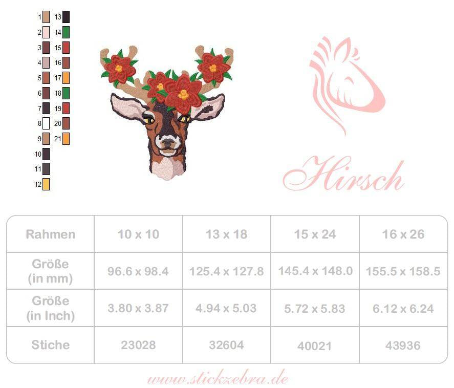 Hirsch Stickdatei, floraler Hirschkopf mit Blumengeweih für deine Stickmaschine - Sewando