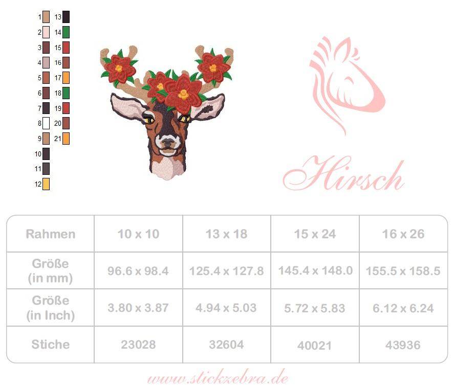 Hirsch Stickdatei, floraler Hirschkopf mit Blumengeweih für deine Stickmaschine - Sewando