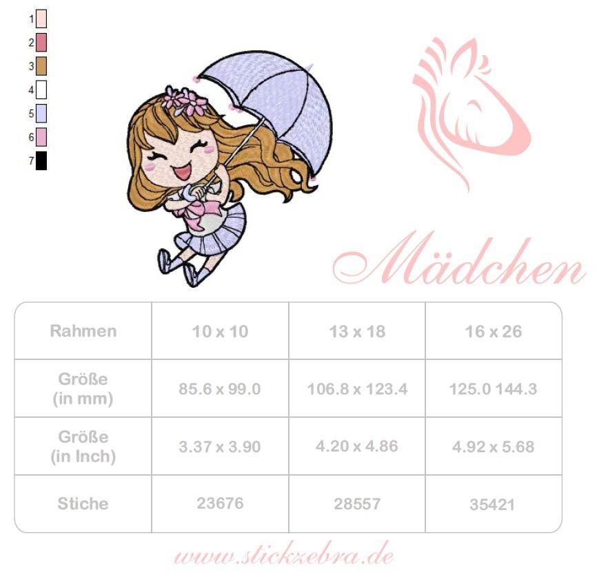 Stickdatei Mädchen mit Schirm – fröhliches Motiv für Kinder und kreative Projekte - Sewando