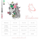 Einhorn Stickdatei, Einhornkopf mit Schmetterlingen für deine Stickmaschine - Sewando