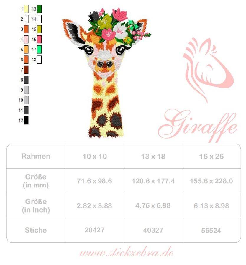 Giraffe Stickdatei, zierlicher Giraffenkopf mit Blumenkranz für deine Stickmaschine - Sewando