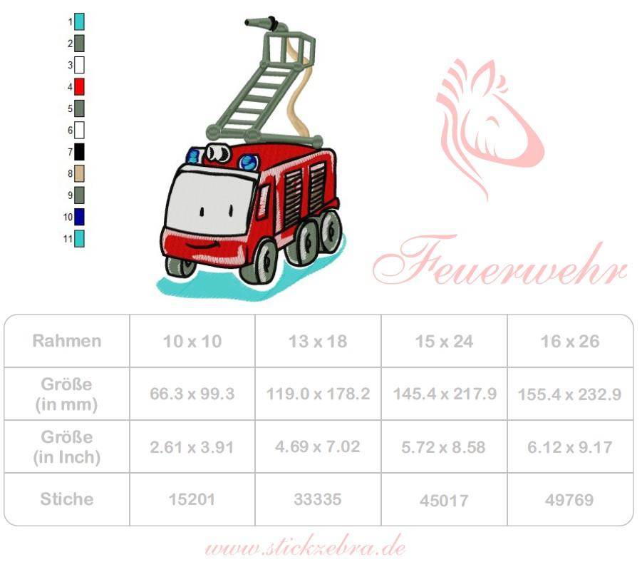 Feuerwehr Stickdatei, niedliches Feuerwehrfahrzeug mit Leiter für deine Stickmaschine - Sewando