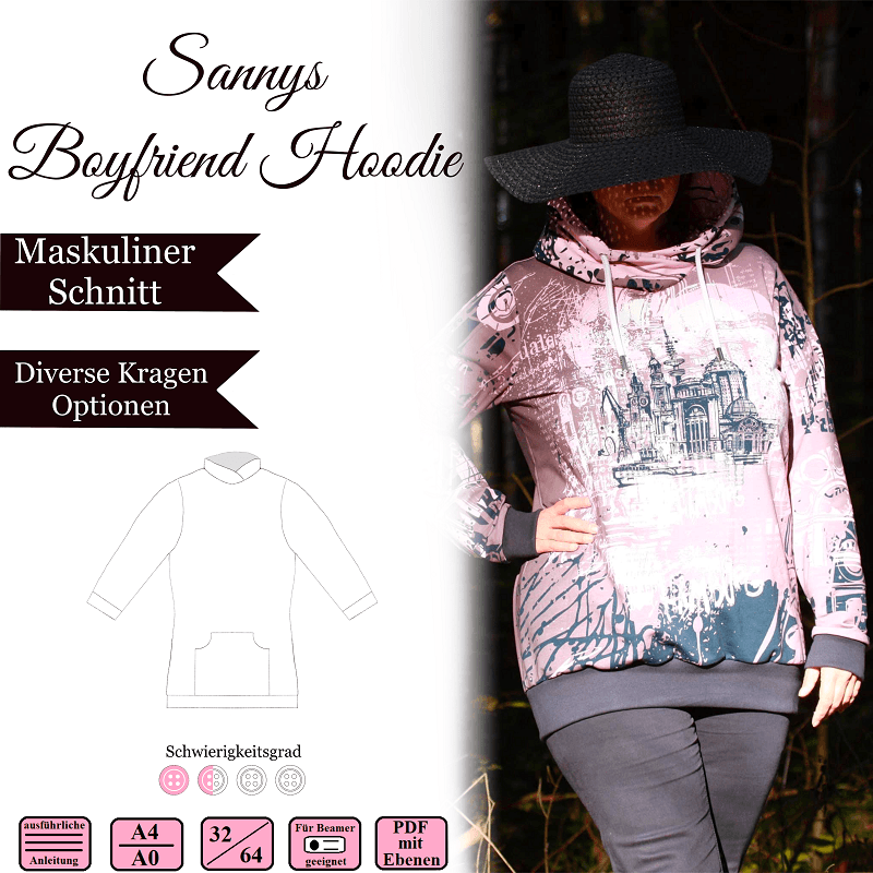 Sannys Boyfriend Hoodie- Gr 32-64 - E-Book und Nähanleitung - Sewando