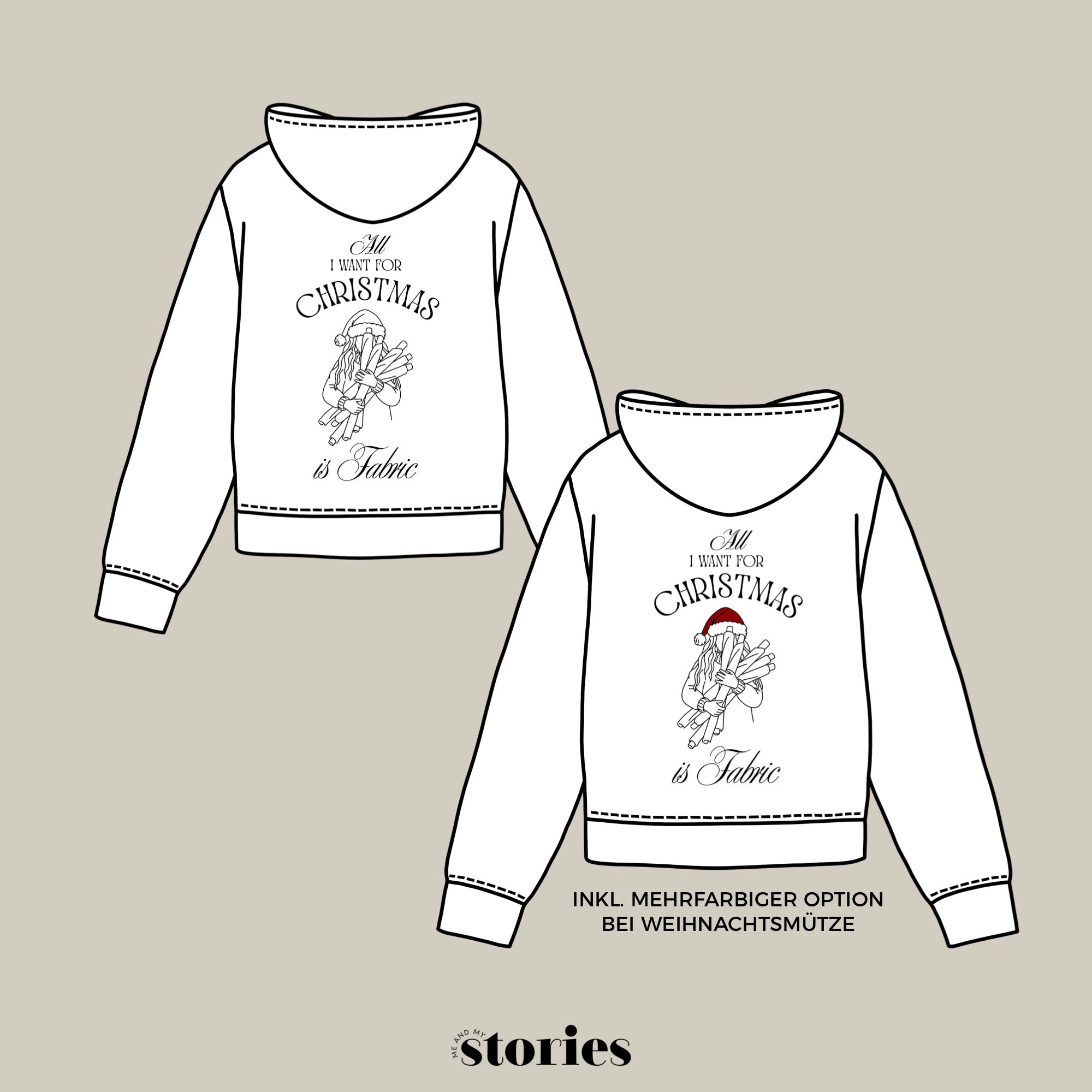 Plotterdatei im Line Art Stil für Nähfans – Frau mit Stoffrollen, festliches Weihnachtsmotiv All I want for Christmas is Fabric für Shirts, Sweater und Deko.