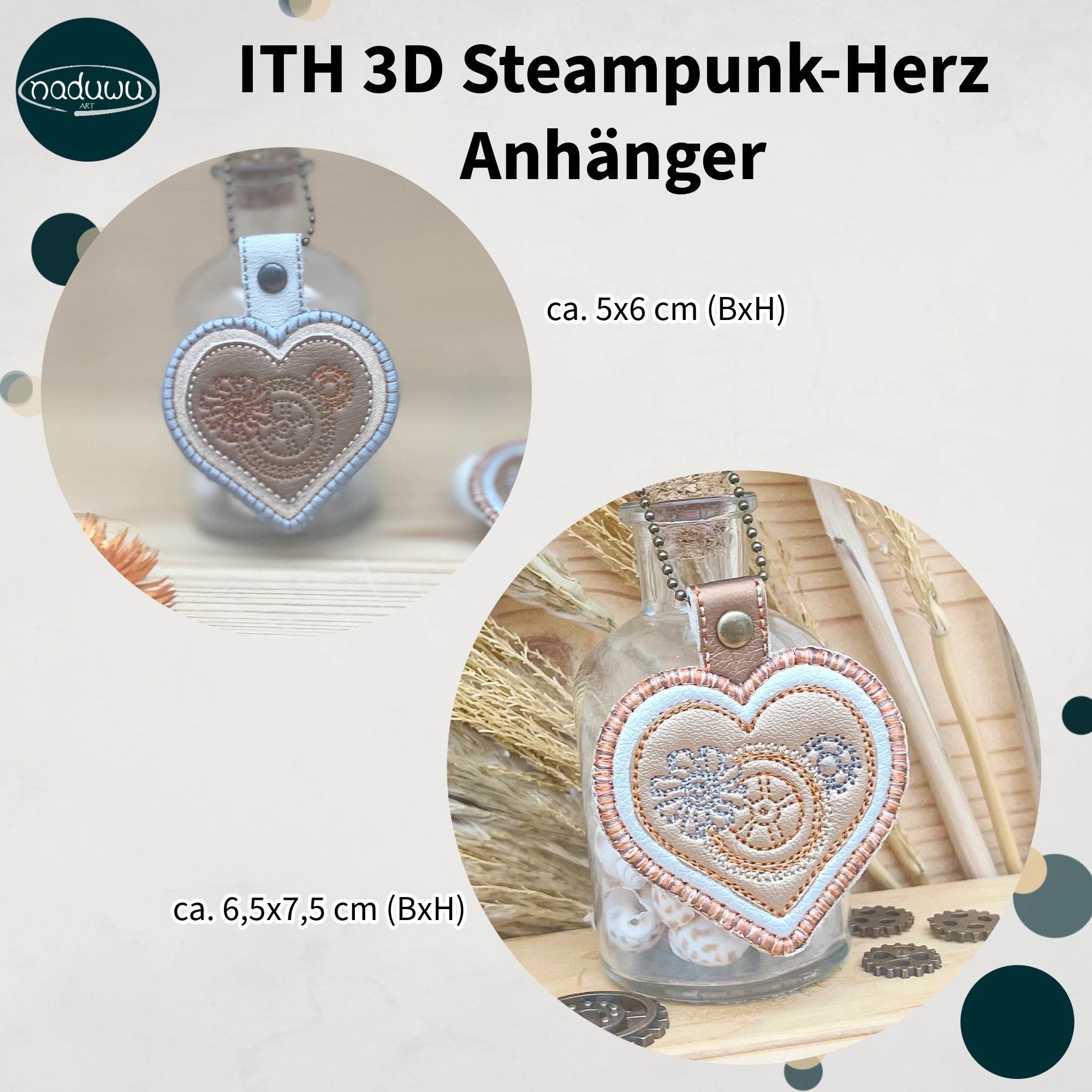 Stickdatei Steampunk Herz Anhänger 6x8 & 7x10, In The Hoop 3D-Anhänger - Sewando