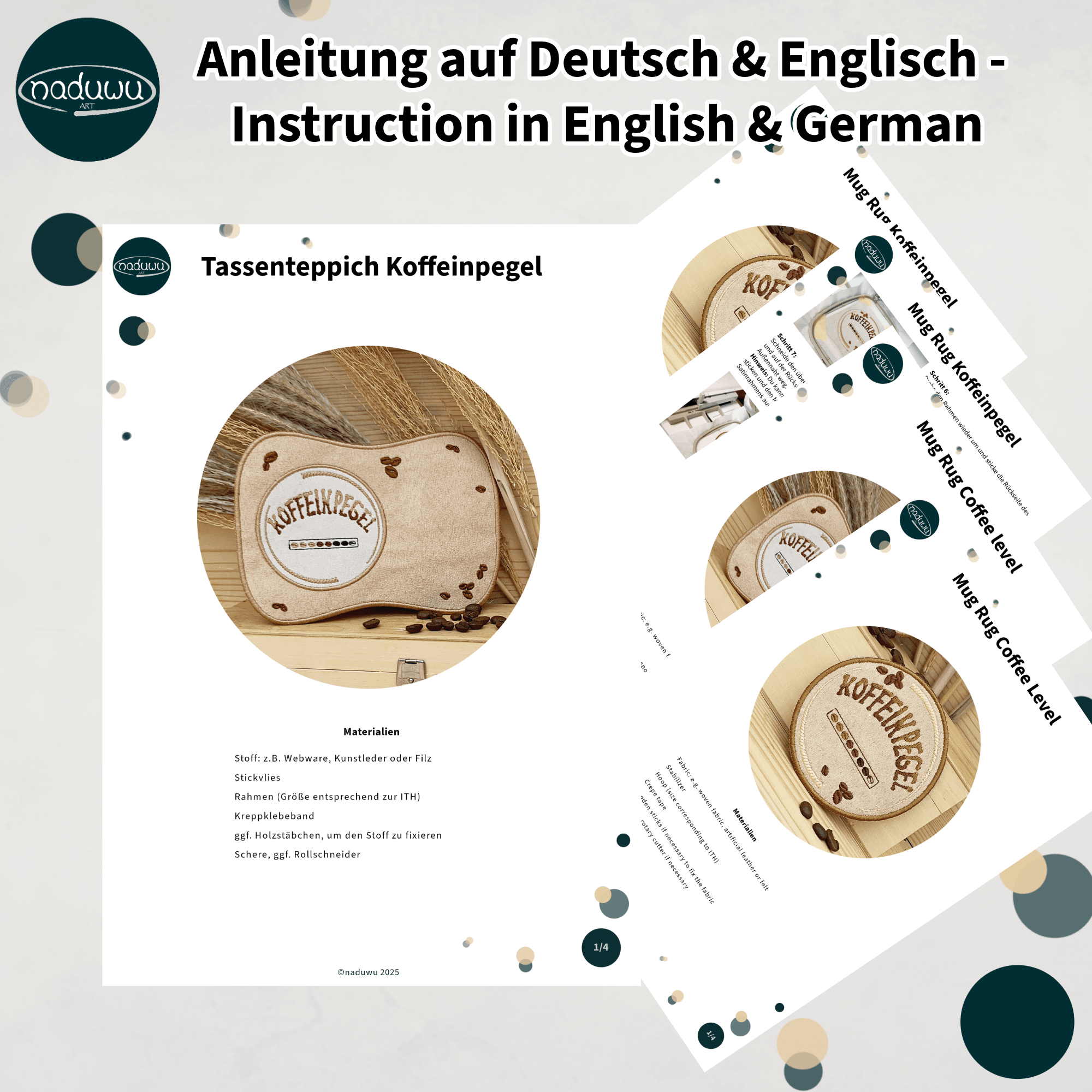 Stickdatei Kaffee Mug Rug Set 10x10, und 13x18 - Sewando