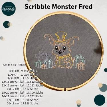 Stickdatei Monster Fred Set 10 Größen ab 10x10, Scribble mit Geschenken - Sewando