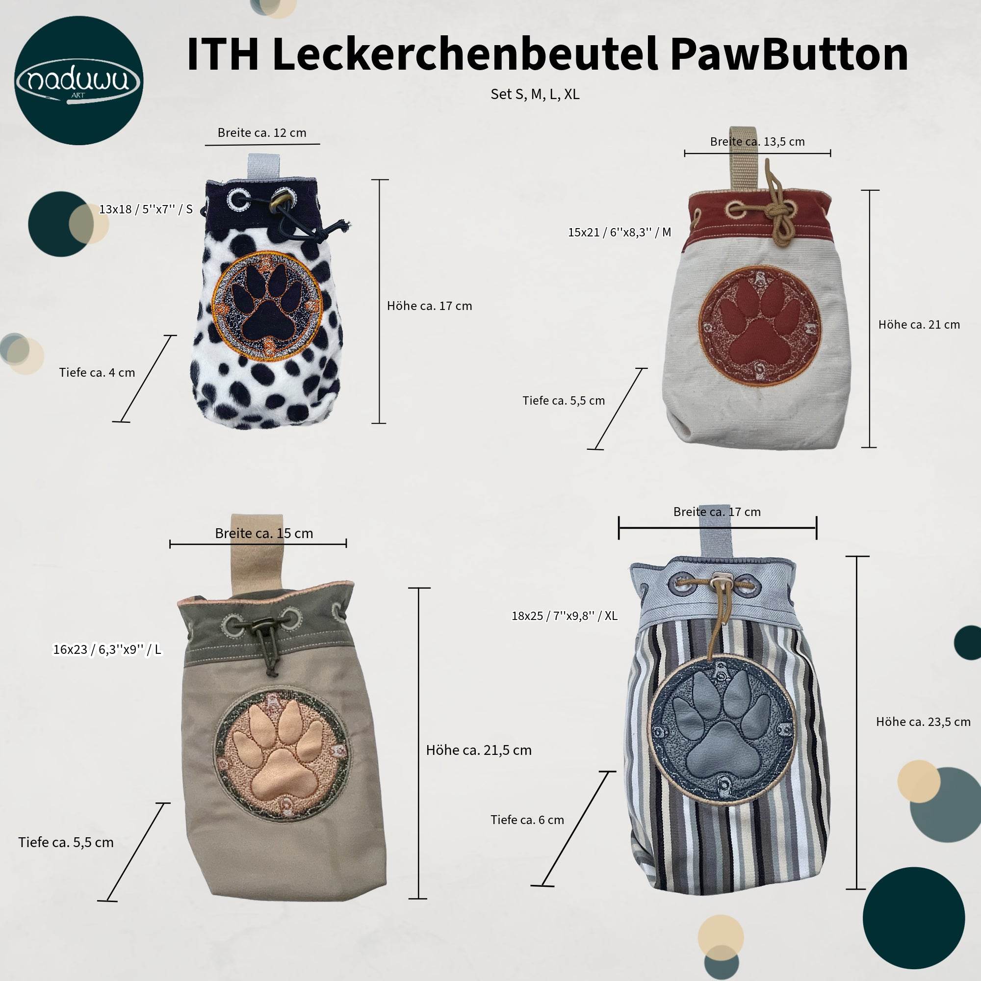 ITH Stickdatei Leckerchenbeutel Set S, M, L, XL, In The Hoop Treat PawButton - Sewando