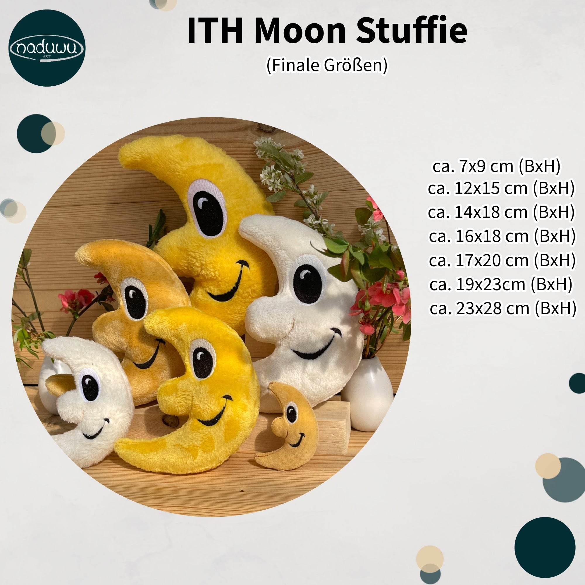 Stickdatei Mond Stuffie Set mit 7 Größen, ITH Kuschel-Mond - Sewando