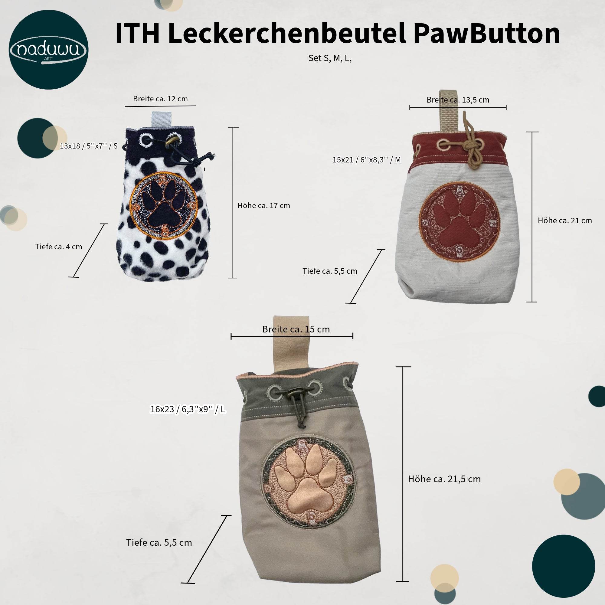 ITH Stickdatei Leckerchenbeutel Set S, M, L, In The Hoop Bag PawButton - Sewando