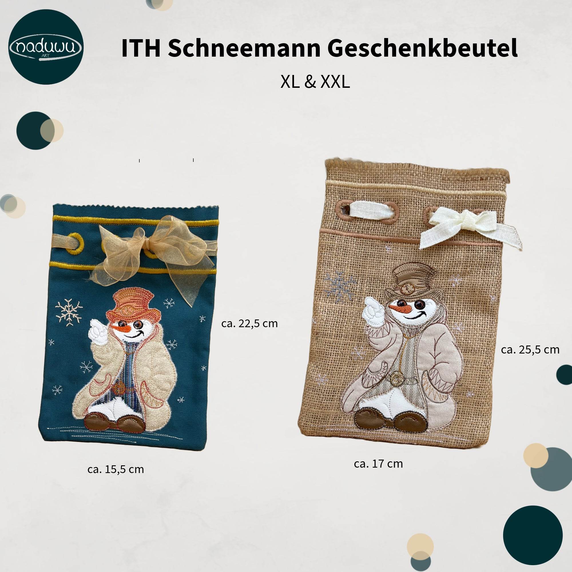 ITH Stickdatei Geschenkbeutel-Set M, L, XL, XXL mit Schneemann Applikation - Sewando