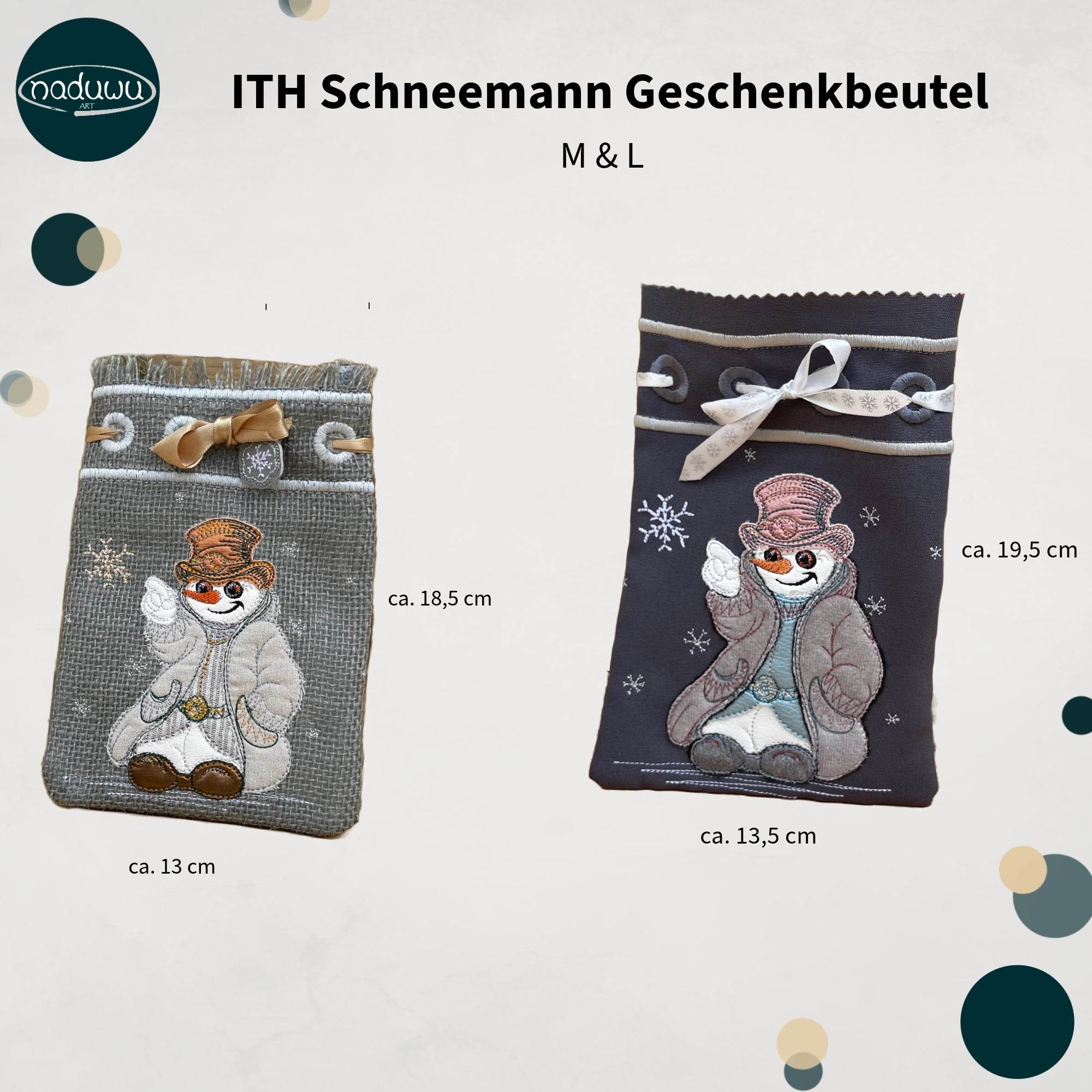 ITH Stickdatei Geschenkbeutel-Set M, L, XL, XXL mit Schneemann Applikation - Sewando