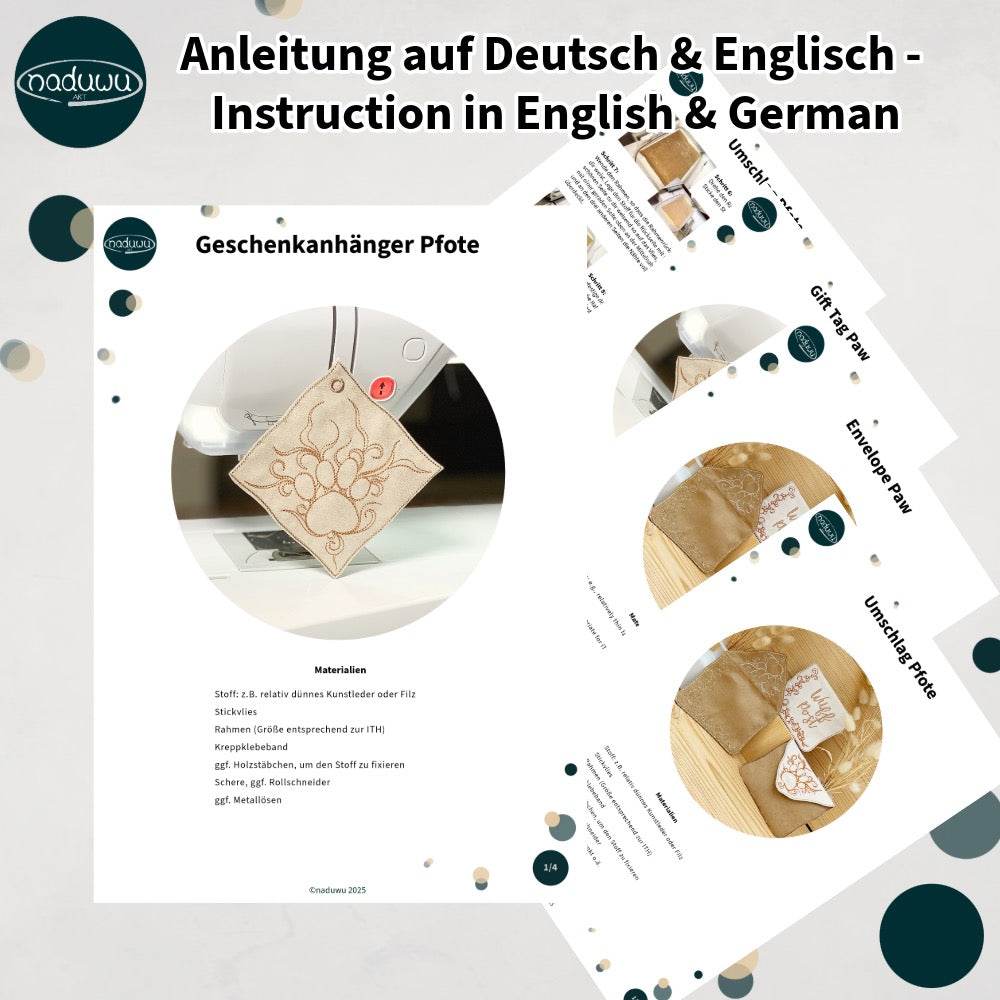 ITH Stickdatei Geschenkumschlag mit Pfote 13x18, 16x26 & Geschenkanhänger 10x10 - Sewando
