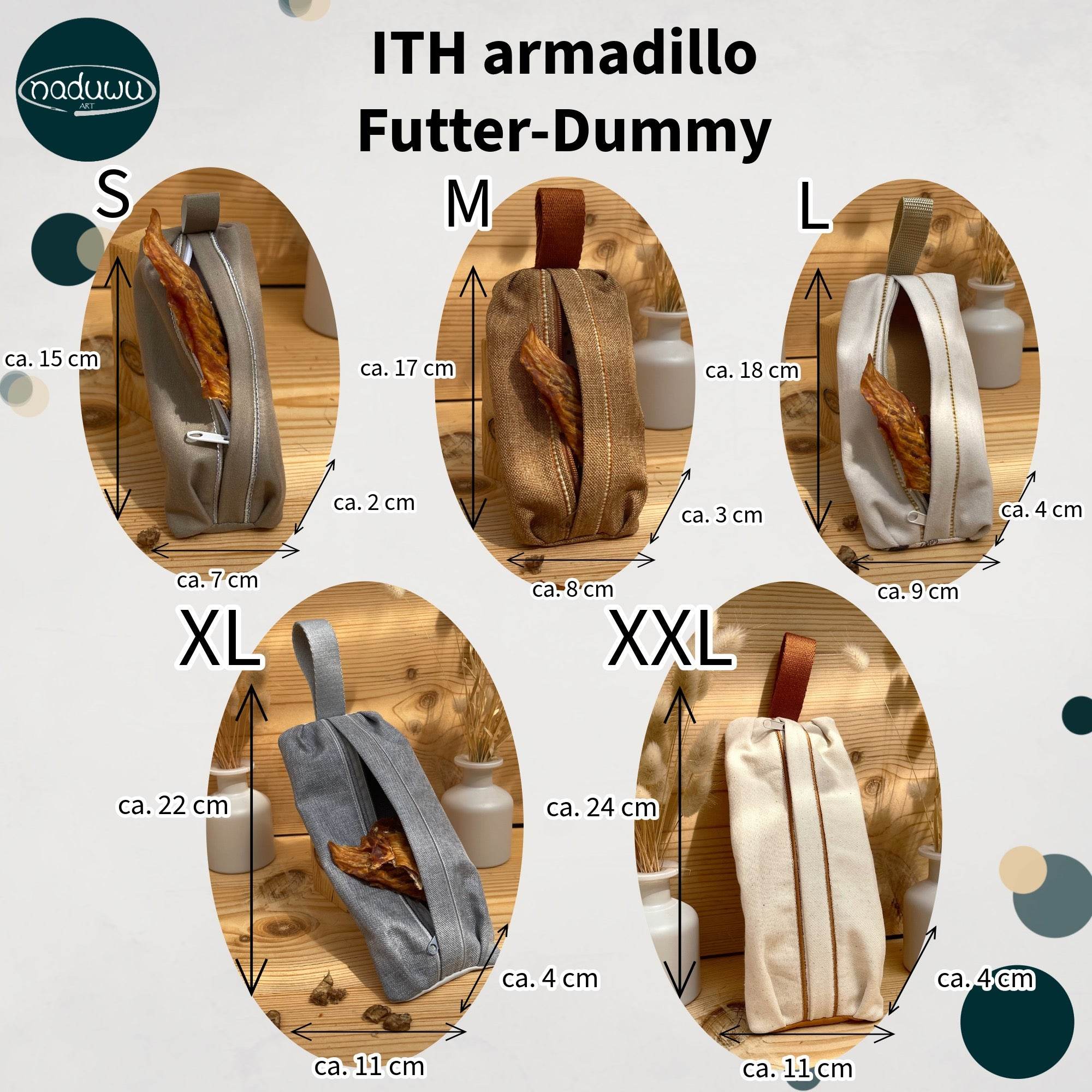 Stickdatei Futterdummy Set mit 5 Größen, ITH Trainings Dummy armadillo - Sewando
