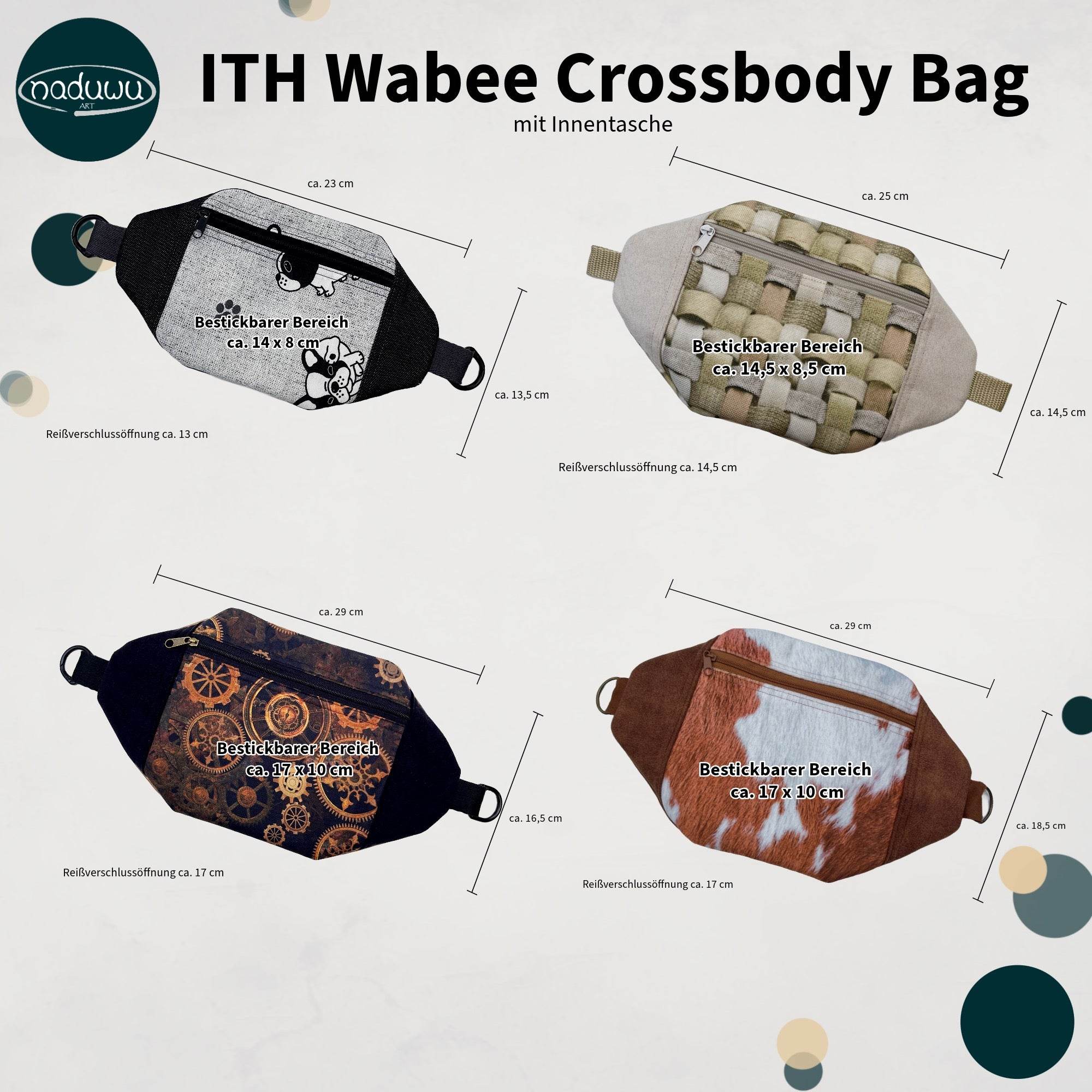 ITH Stickdatei Crossbody Bag Set mit Innentasche S, M, L, XL, In The Hoop Tasche Wabee - Sewando