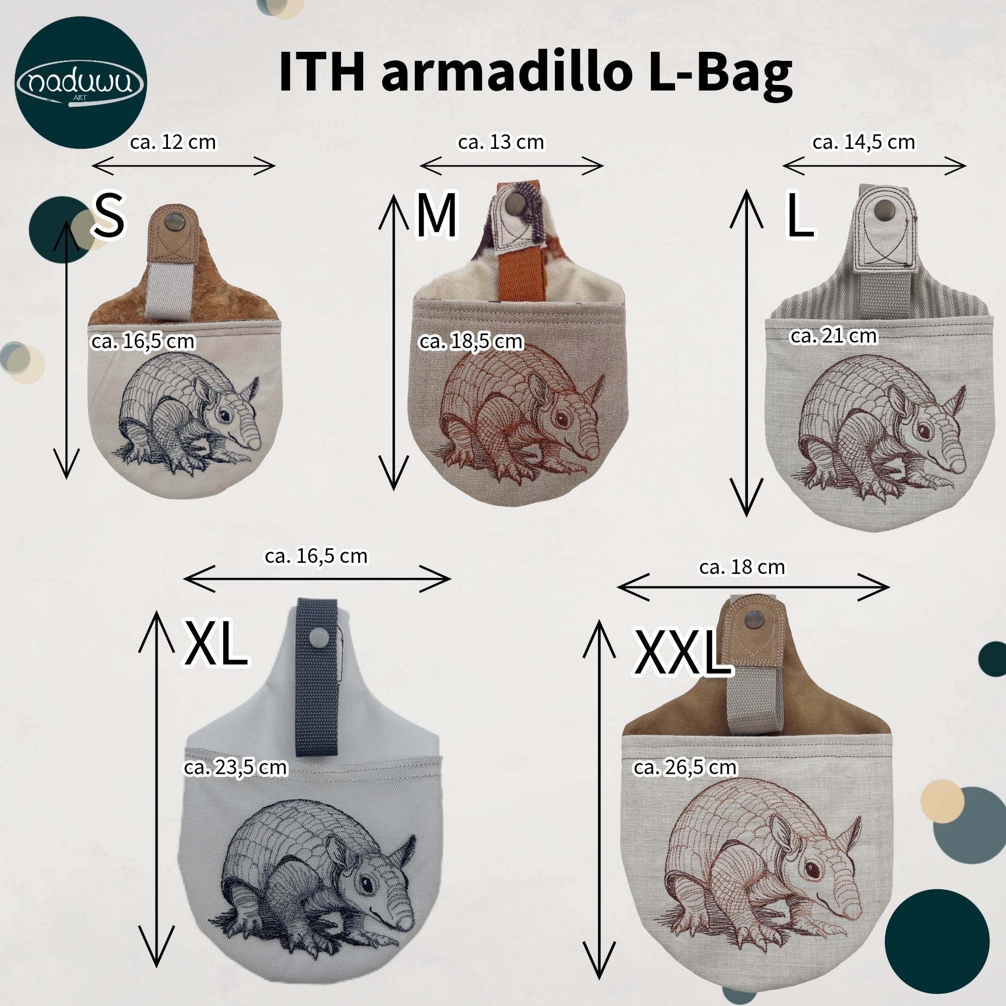 Stickdatei Beutel Set mit 5 Größen, In The Hoop Hundeleinentasche armadillo L-Bag - Sewando