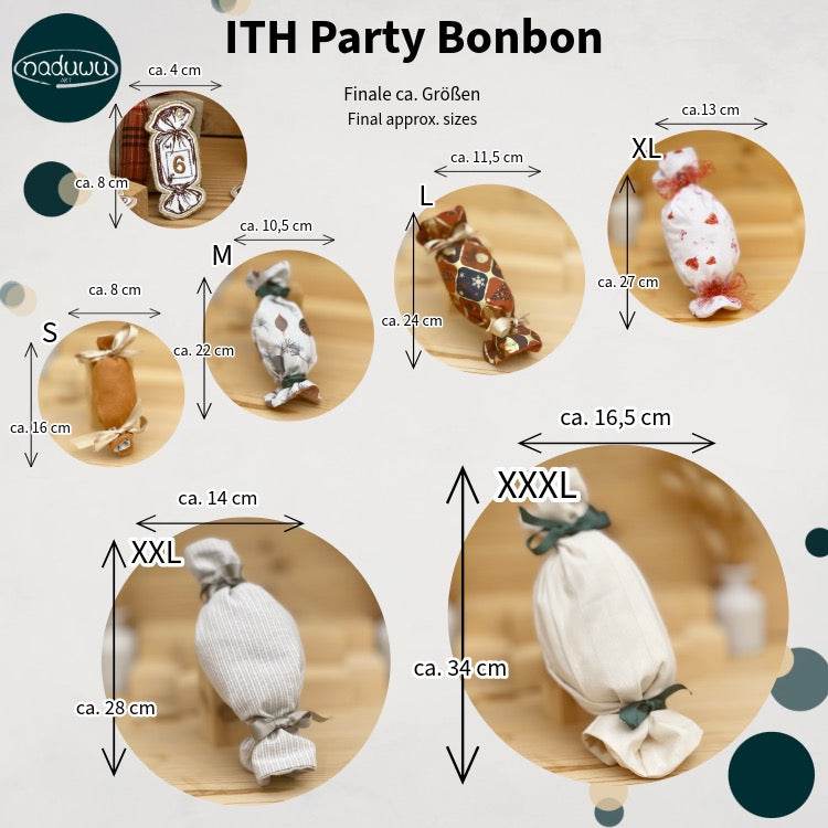 Stickdatei Party Bonbon in 6 Größen plus 24 nummerierte ITH Bonbon Anhänger - Sewando