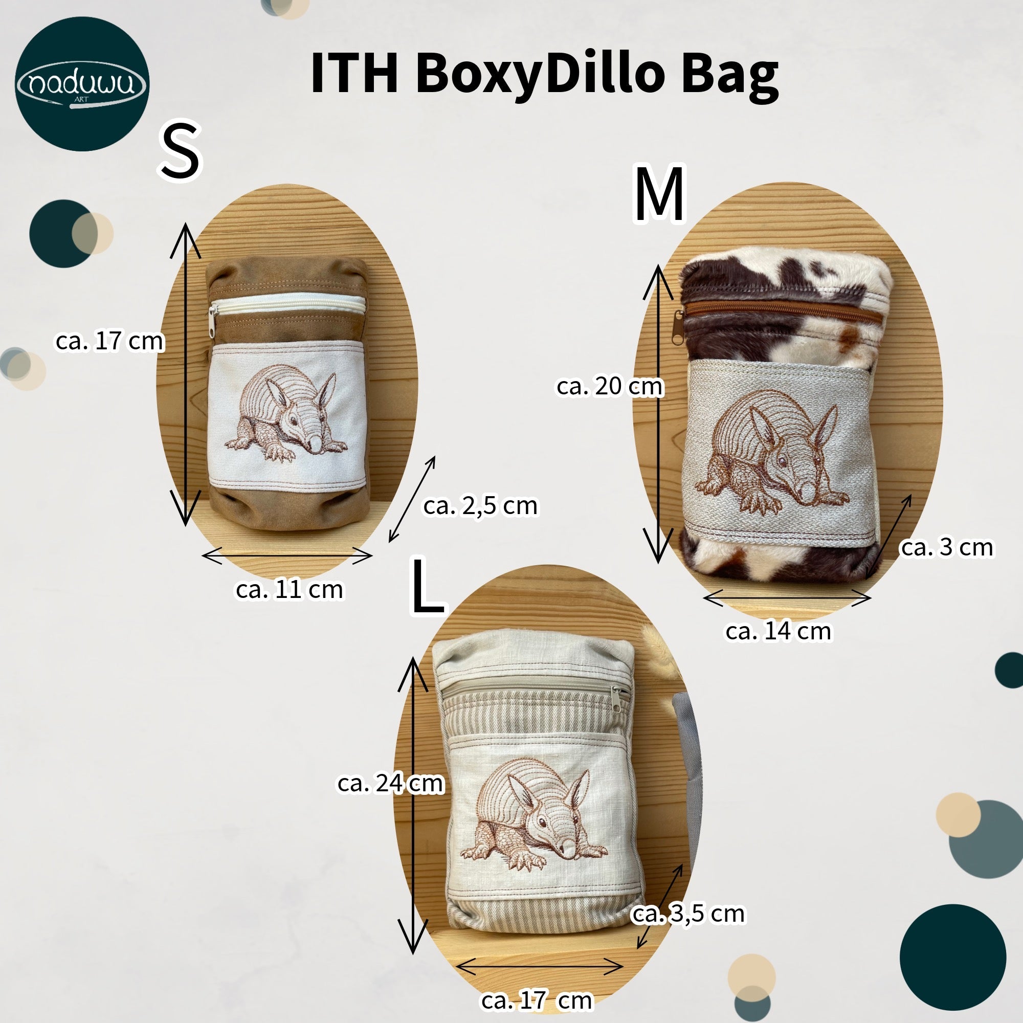 Stickdatei BoxyDillo Bag S, M, L Set, ITH Tasche mit Reißverschluss - Sewando