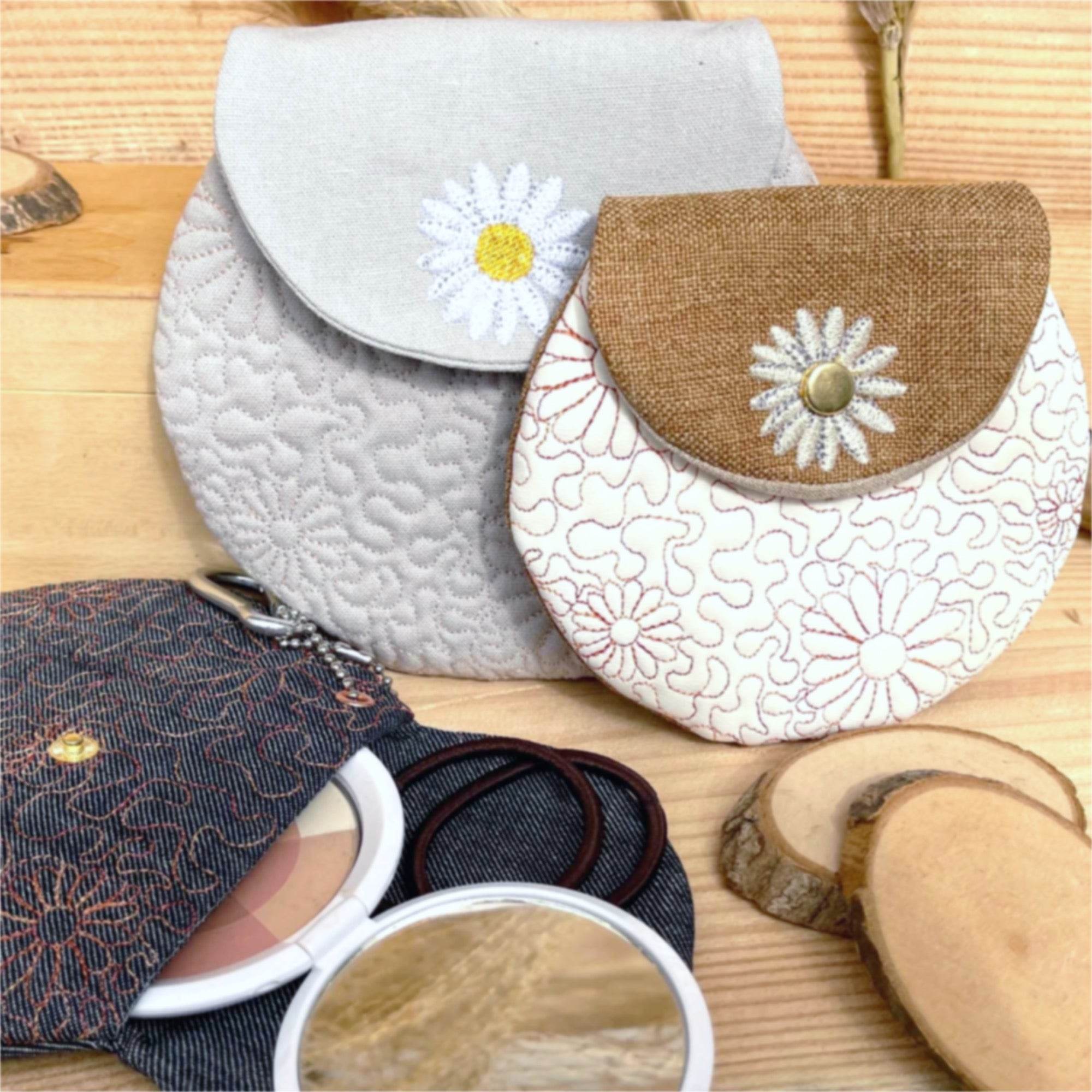 Stickdatei Tasche in 3 Größen mit Gänseblümchen, ITH runde Daisy Bag - Sewando