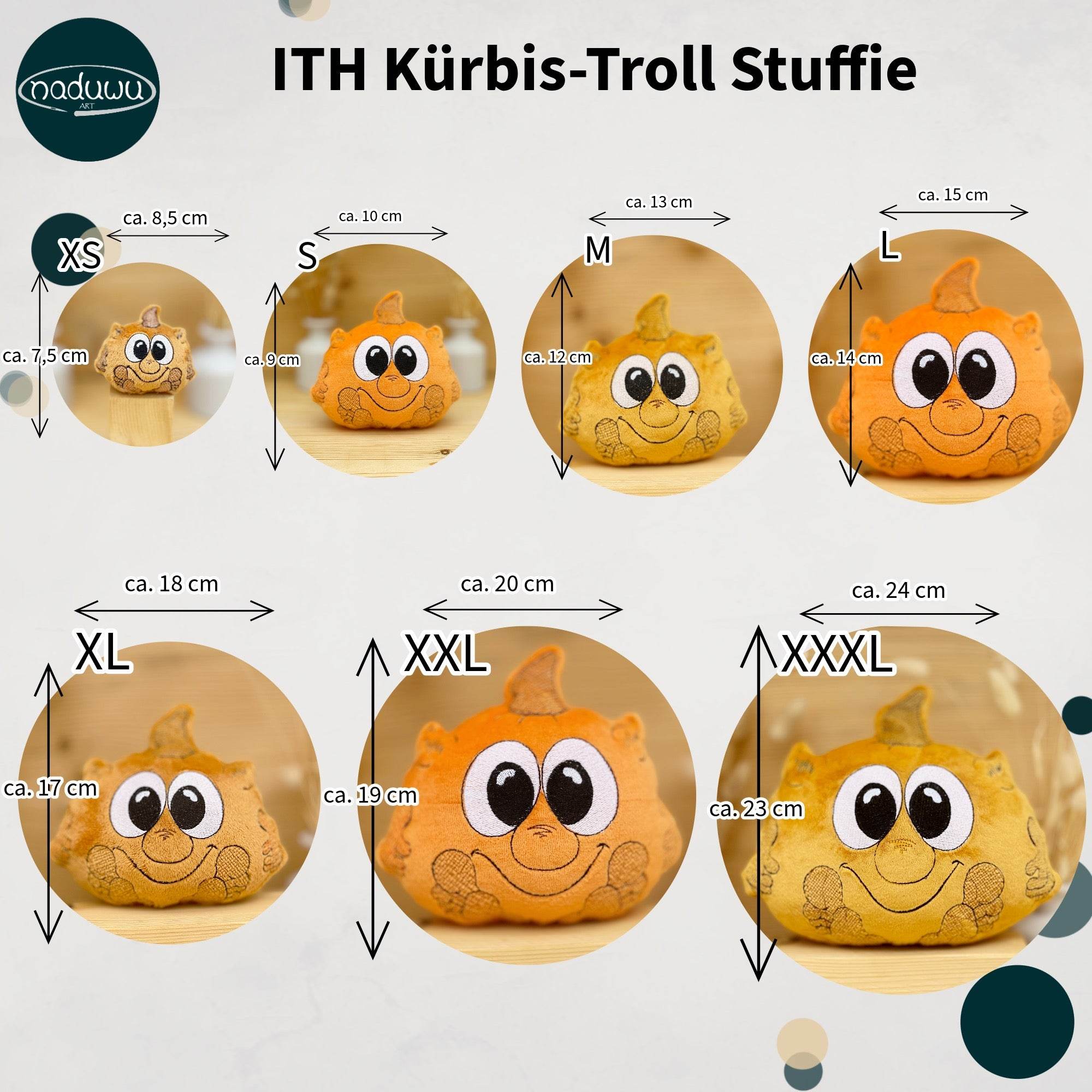 Stickdatei Kürbis-Troll Stuffie Set mit 7 Größen, ITH Kuscheltier - Sewando