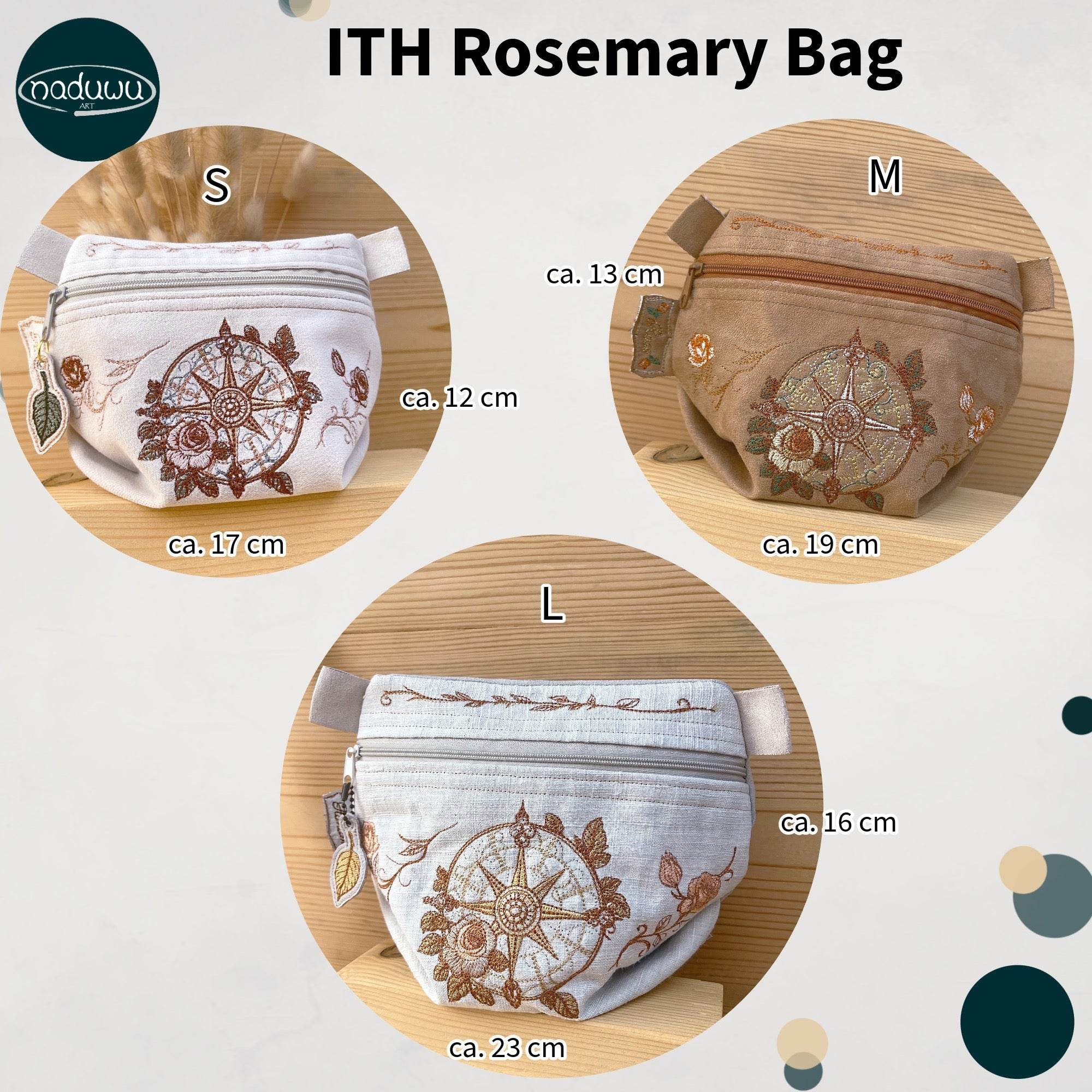 Stickdatei Umhängetasche 3er Set S, M, L, ITH Stickdatei Rosemary Bag - Sewando