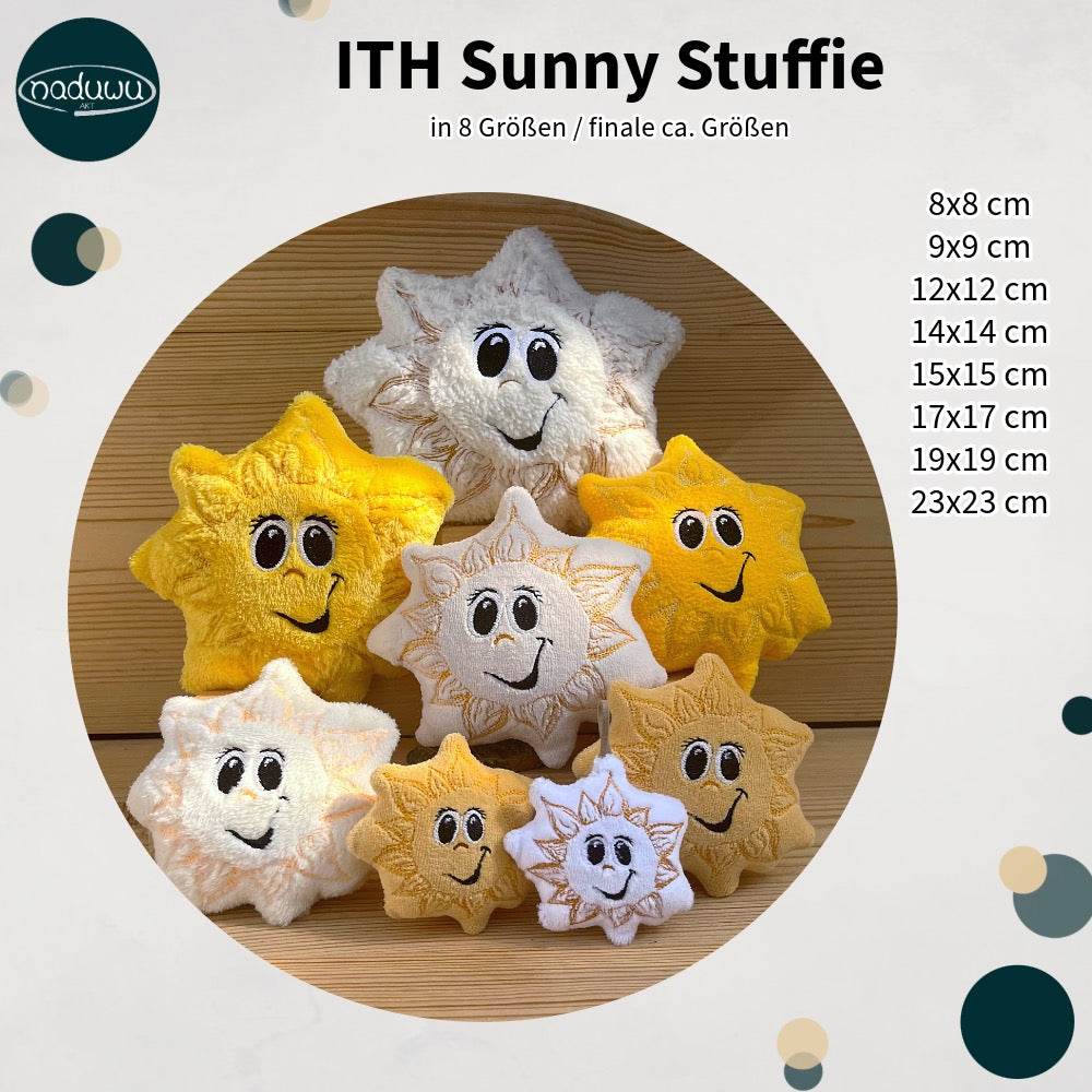 Stickdatei Sonne Stuffie 8 Größen, ITH Kuschelkissen Sunny - Sewando