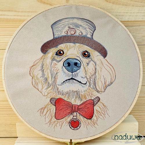 Stickdatei Hund Steampunk Set 7 Größen, Steampunkhund Scribble ab 6x7, Stickdesign Hund mit Fliege und Zylinder - Sewando