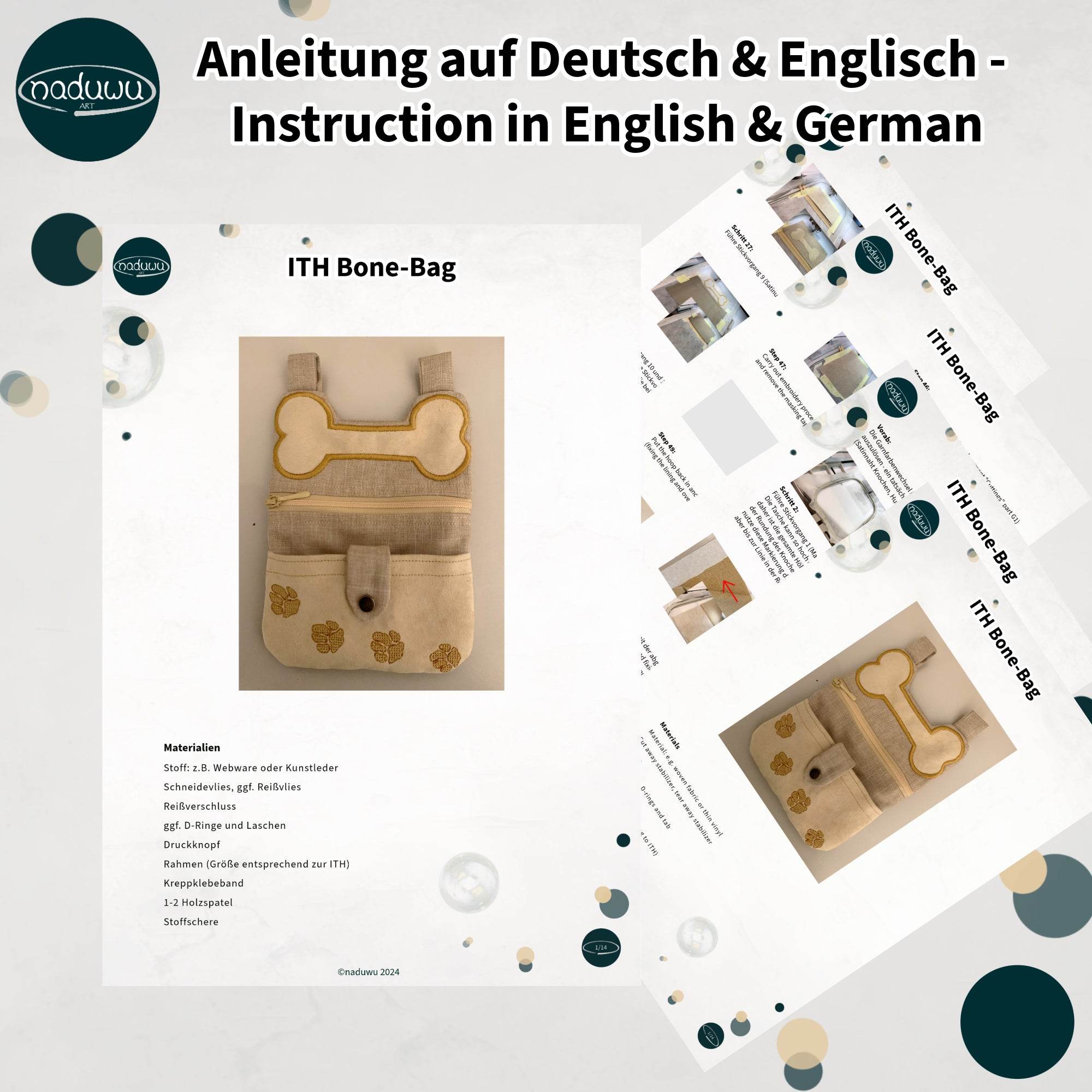 ITH Stickdatei Reißverschlusstasche 20x27 Bonebag, Pfotenstickerei und Knochenapplikation - Sewando