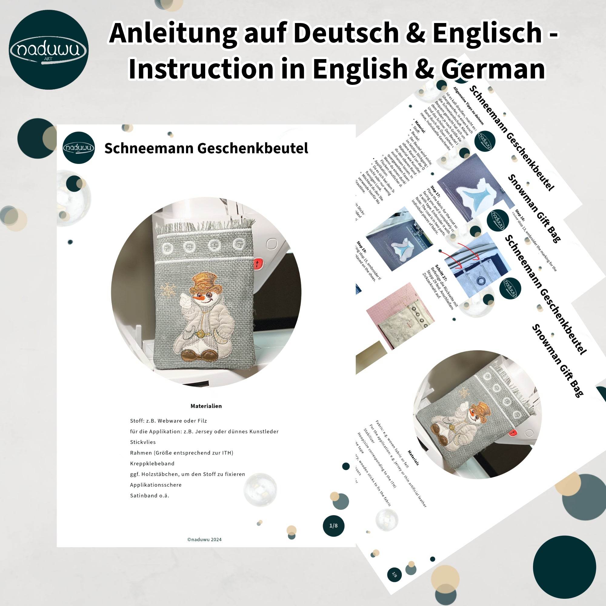 ITH Stickdatei Geschenkbeutel-Set M, L, XL, XXL mit Schneemann Applikation - Sewando