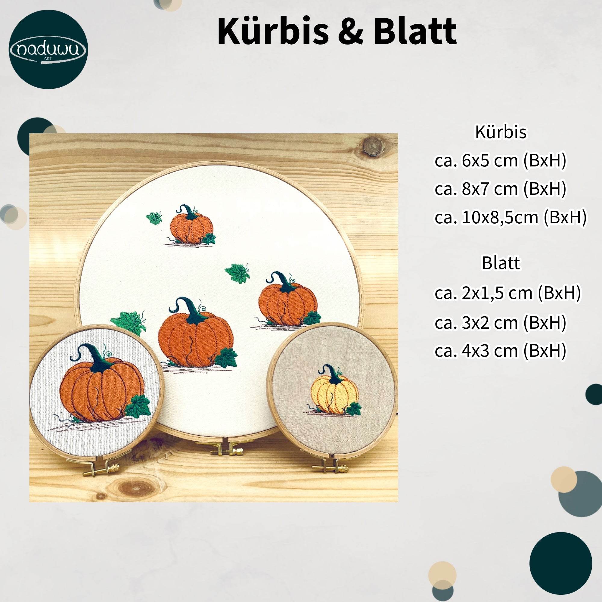 Stickdatei Kürbis und Kürbisblatt in jeweils 3 Größen - Sewando