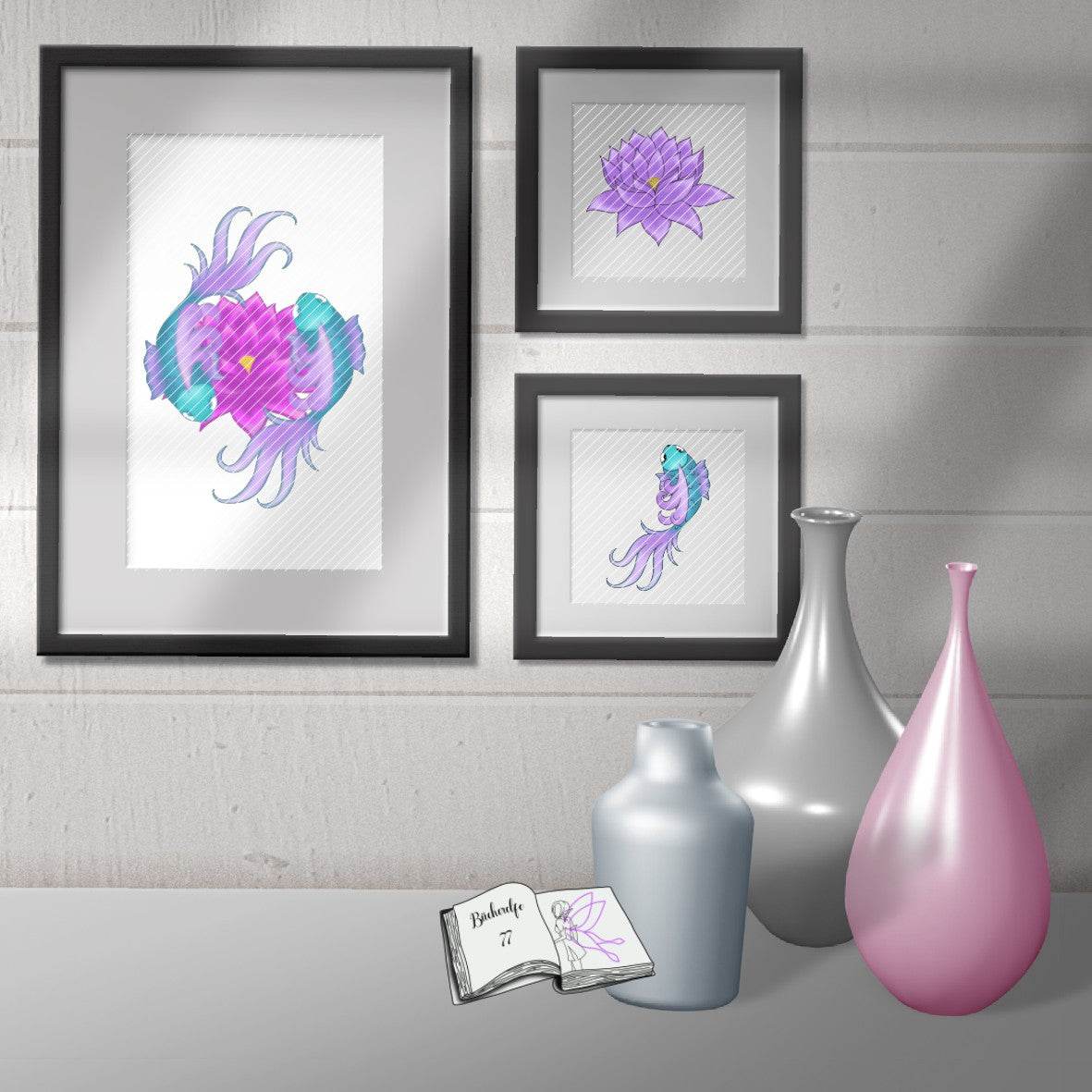 Plotterdatei Fische mit Seerose Sublimation, Digistamp, Digipaper - Sewando