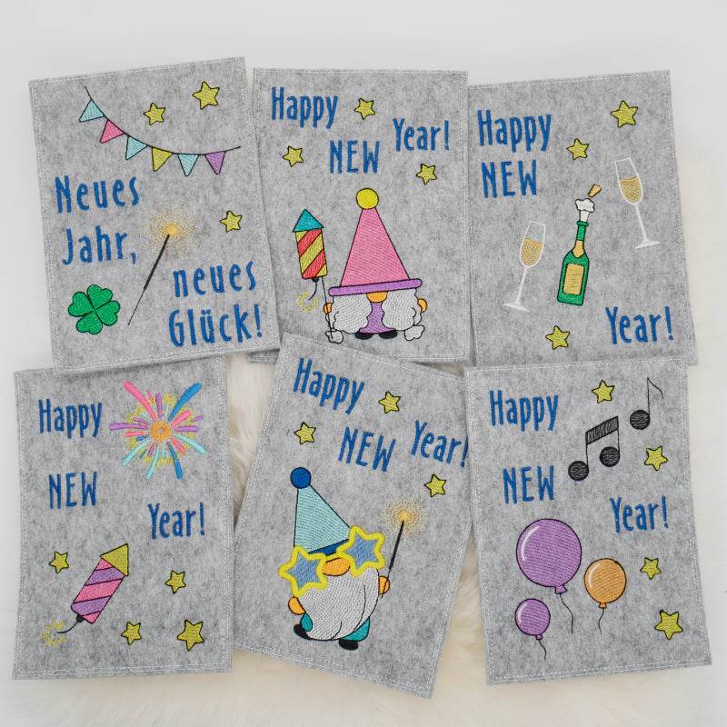 Stickdatei Set ITH Grußkarten Silvester Silvesterparty Gnom Happy New Year - Sewando