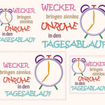 4x Stickdatei Wecker mit Spruch (deutsch) - Sewando