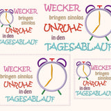4x Stickdatei Wecker mit Spruch (deutsch) - Sewando