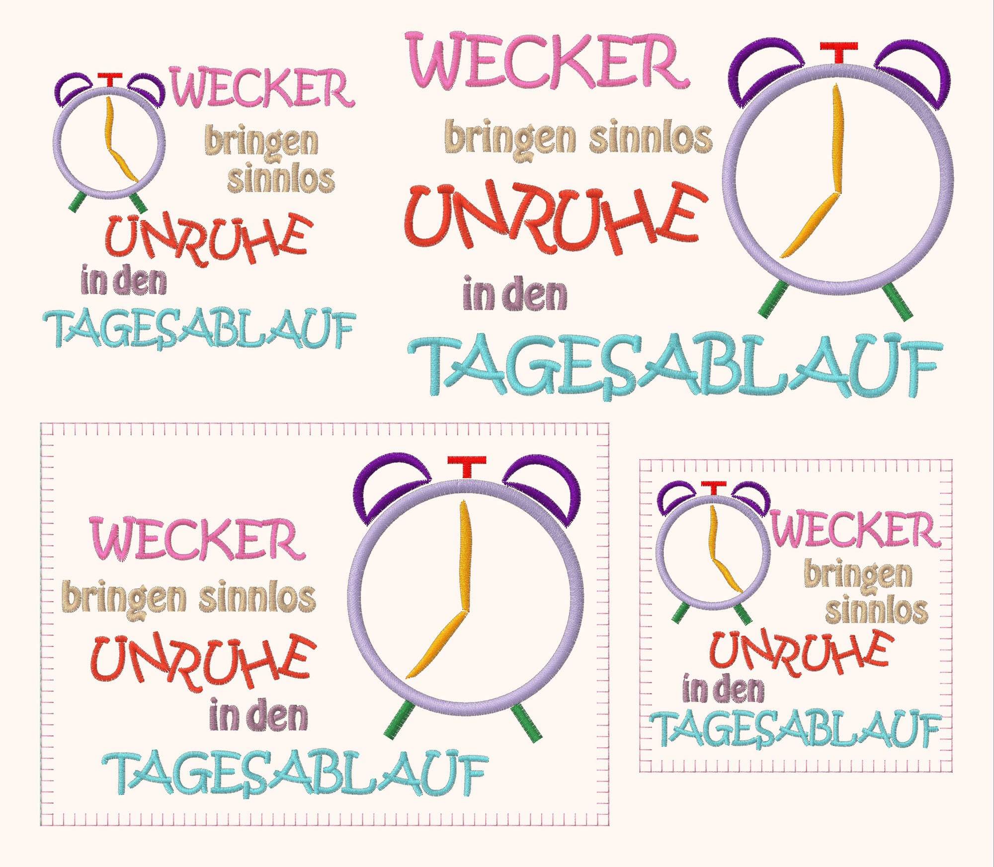 4x Stickdatei Wecker mit Spruch (deutsch) - Sewando