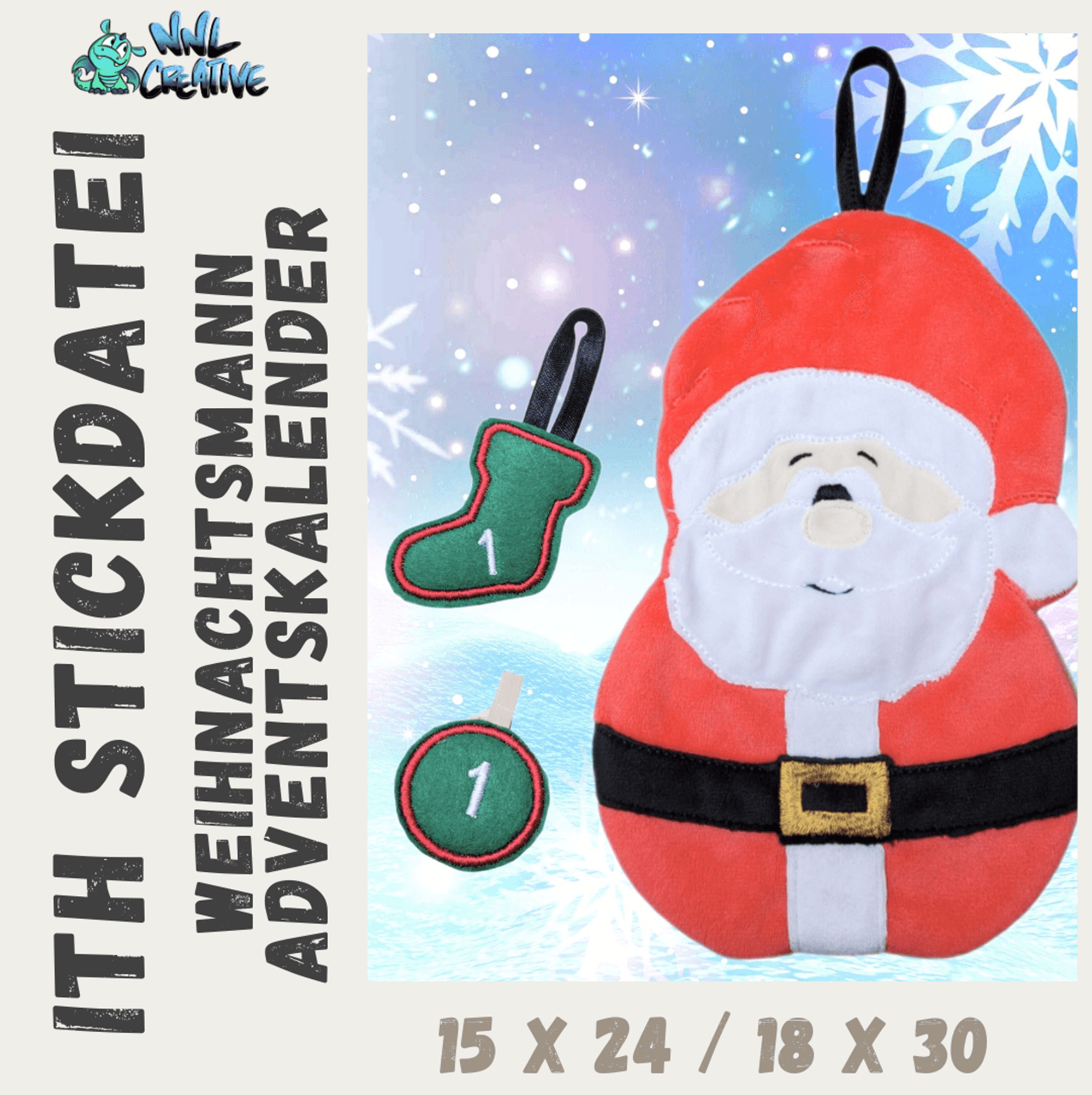 Stickdatei *ITH Weihnachtsmann Adventskalender Säckchen* 15x24 18x30 - Sewando