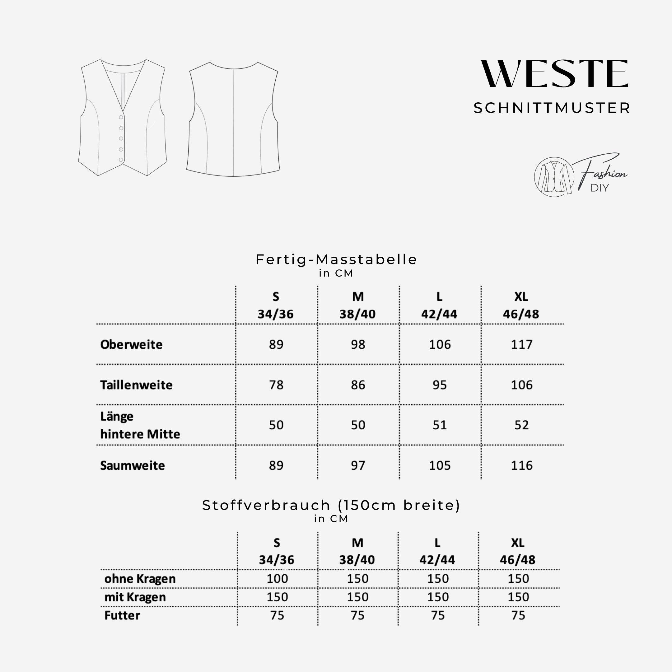 Tailliert Weste mit oder ohne Kragen in Gr. S-XL - Sewando