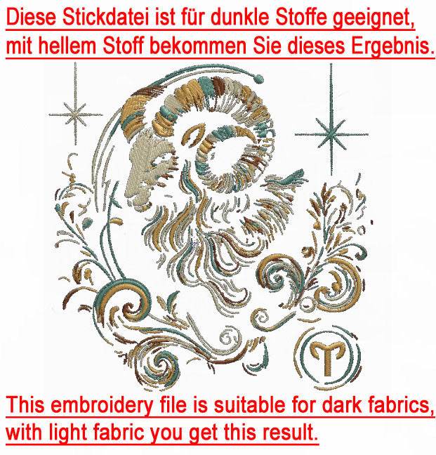 Stickdatei Sternzeichen Widder - realistisch - FÜR DUNKLE STOFFE - Sewando