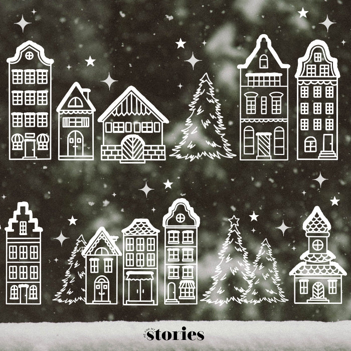 Plotterdatei SVG Winterlandschaft – skandinavische Häuserreihe mit Tannen & Sternen im Line Art Stil. Perfekt als Fensterbild Weihnachten oder Winterdeko, inklusive PDF-Vorlage zum Nachzeichnen.