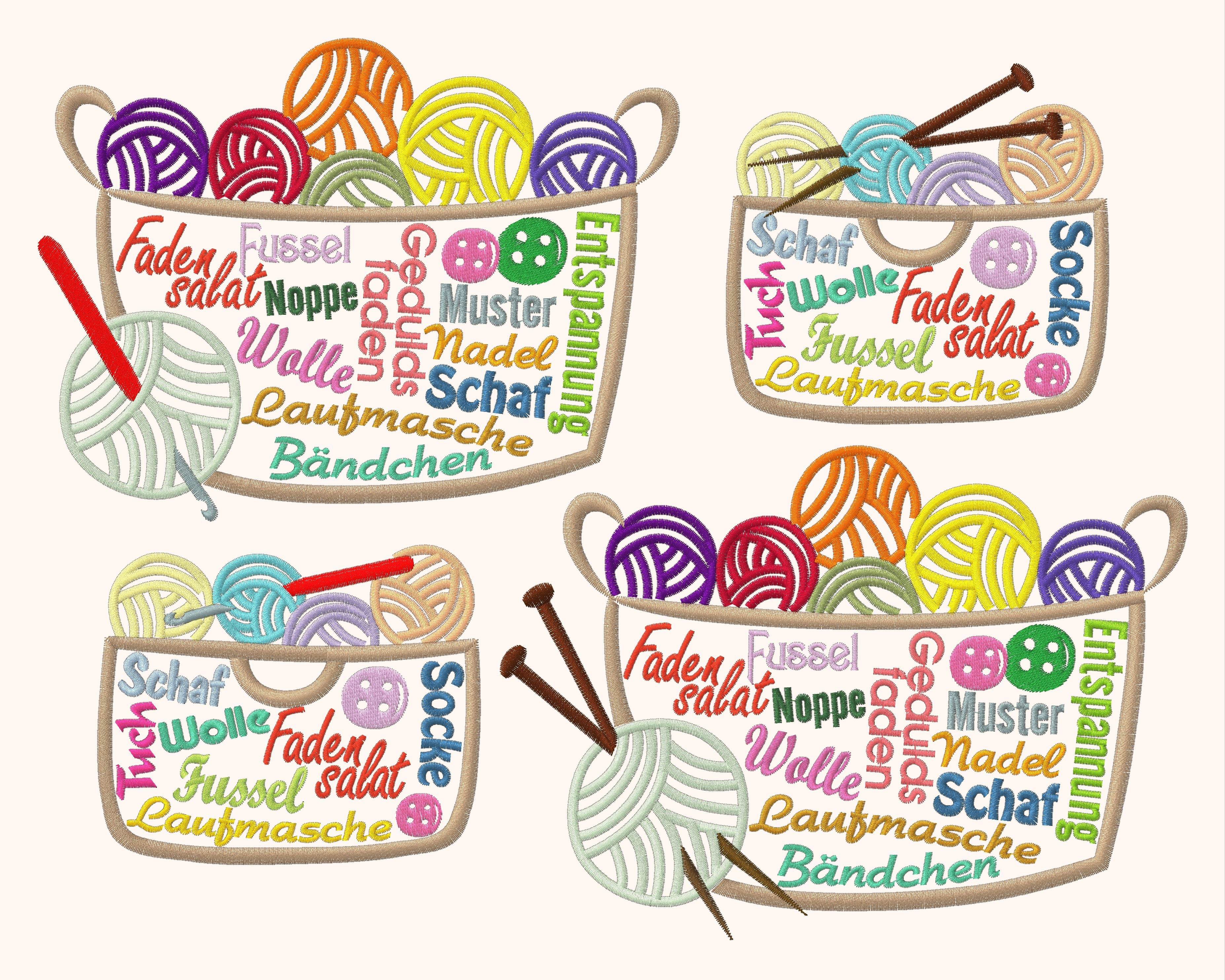 4x Stickdatei Wollkorb Wortwolke Satinstick - Sewando