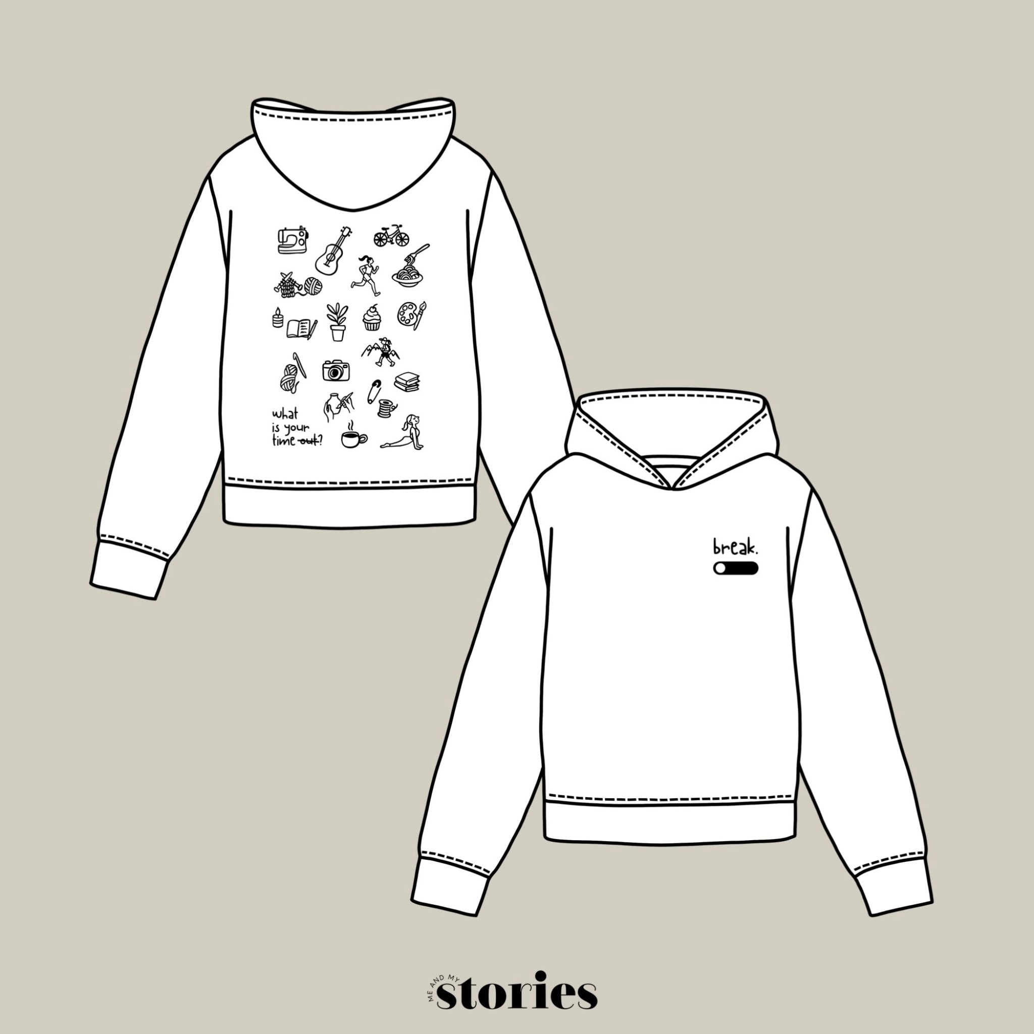 Plotterdatei „Break“ mit dem Spruch „what is your time out?“ und vielen kleinen Symbolen für verschiedene Hobbys wie Stricken, Nähen, Backen, Radfahren, Kochen und Laufen. Minimalistisches Line-Art-Design, entstanden in Kooperation mit Sandrina von @sunnio.sewingstorys. Ideal für Shirts, Taschen und kreative DIY-Projekte.